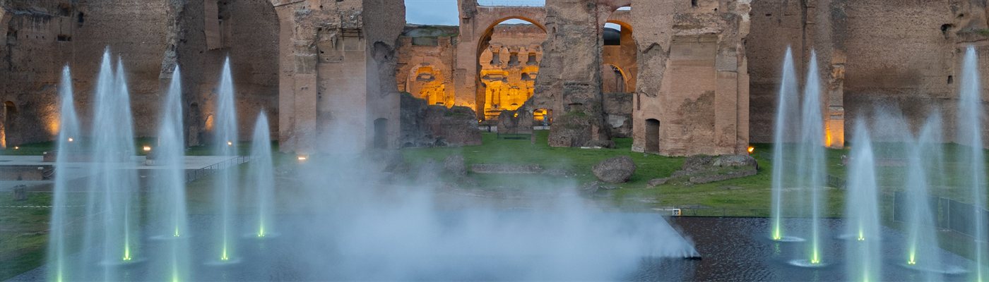Mist and water jets at the Baths of Caracalla