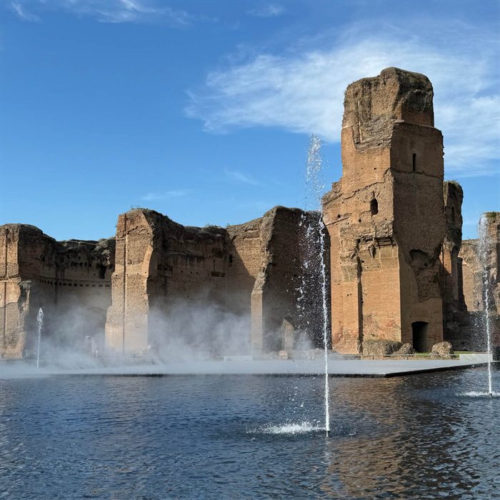 Mist and water jets at the Baths of Caracalla