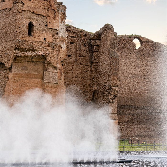 Mist and water jets at the Baths of Caracalla